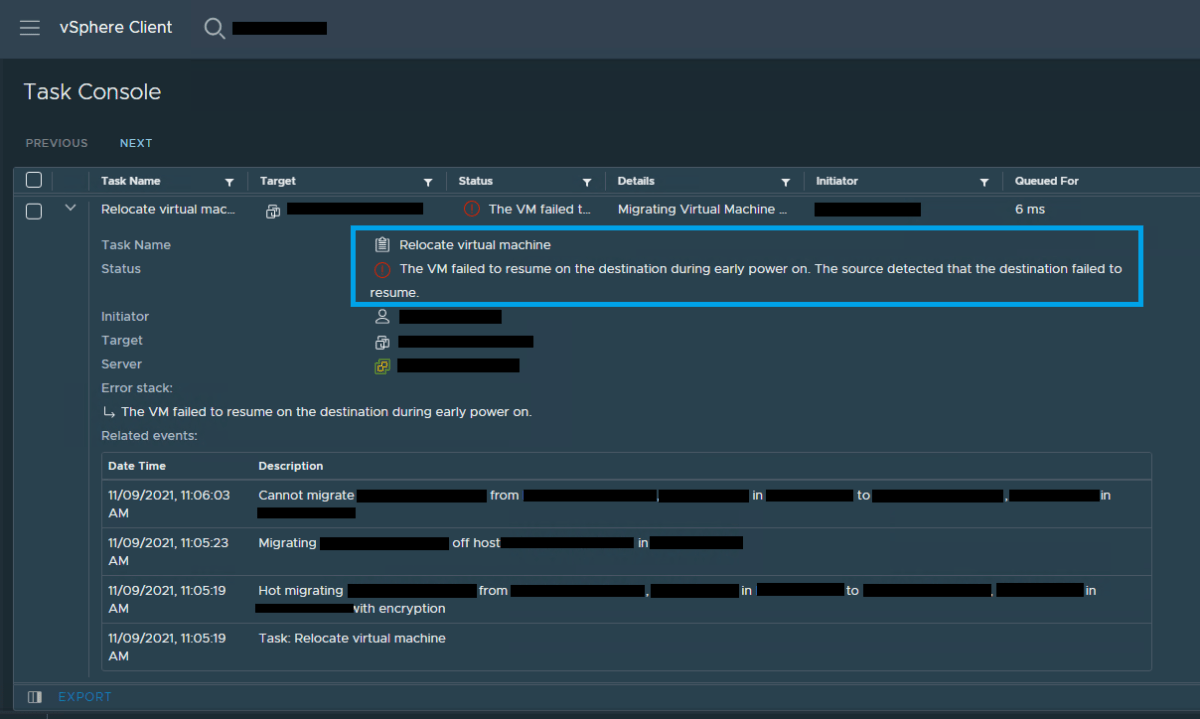 vMotion failing with “The VM failed to resume on the destination during early power on. The source detected that the destination failed to&nbsp;resume.”